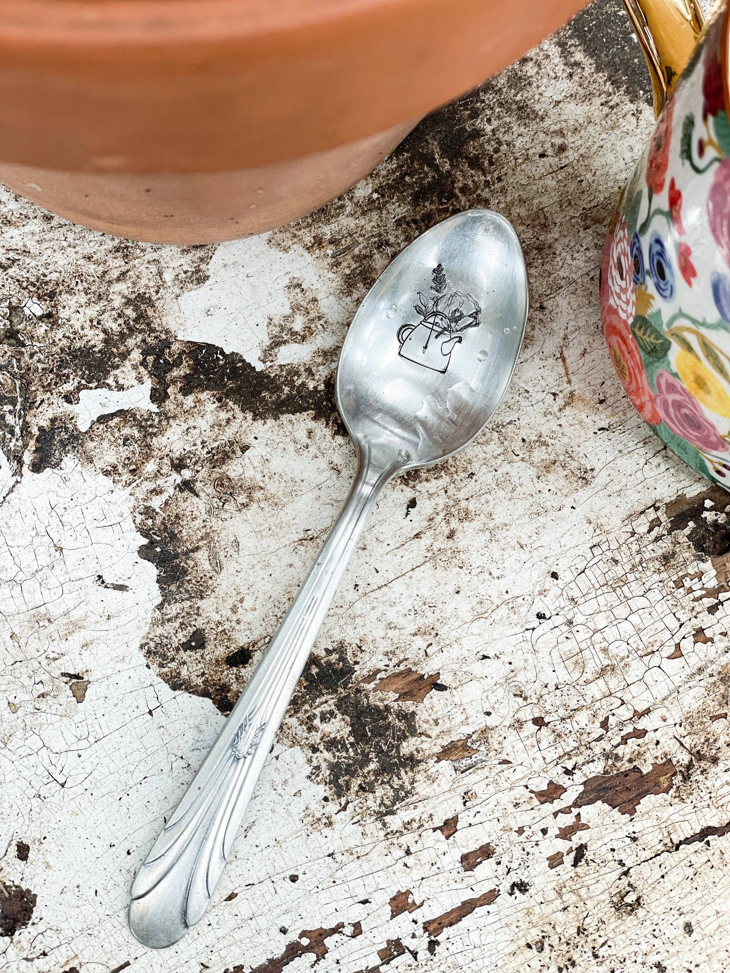 Floral Tea Pot - Vintage Stamped Spoon - The Sassy Barn