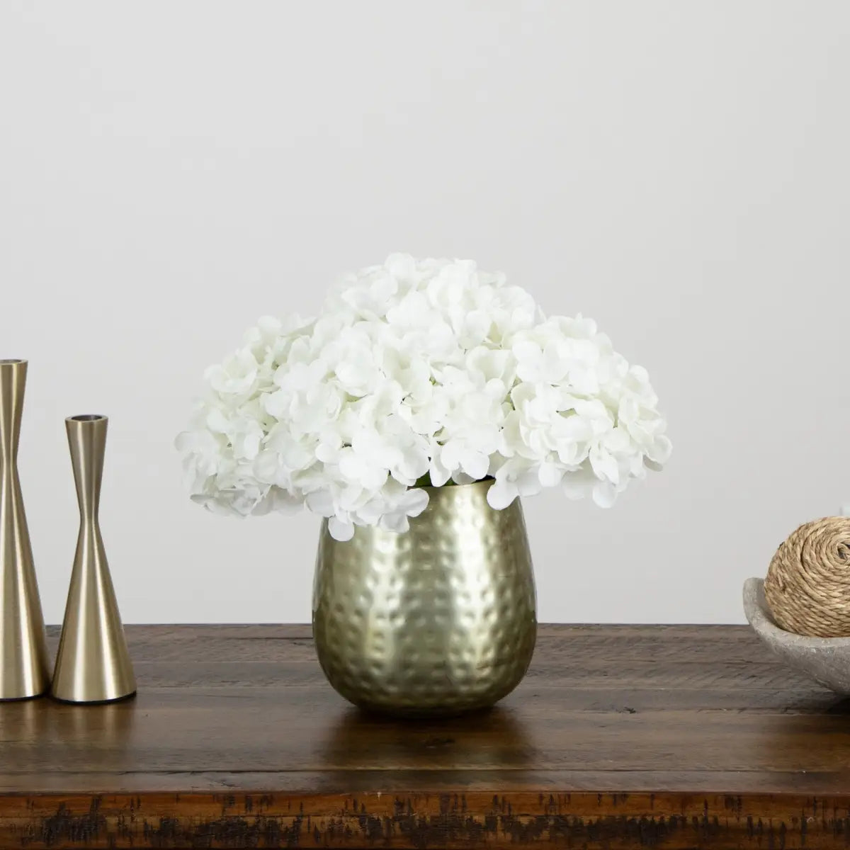11” Artificial Hydrangea Arrangement in Gold Metal Vase - Nearly Natural