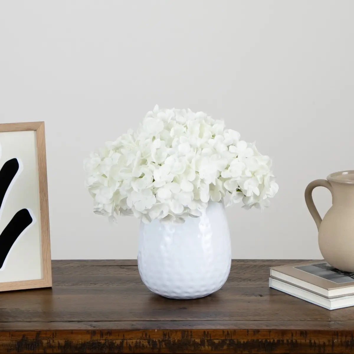 11” Artificial Hydrangea Arrangement in White Metal Vase - Nearly Natural