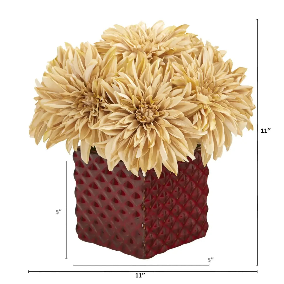 11” Dahlia Artificial Arrangement in Red Ceramic Cube - Cream - Nearly Natural