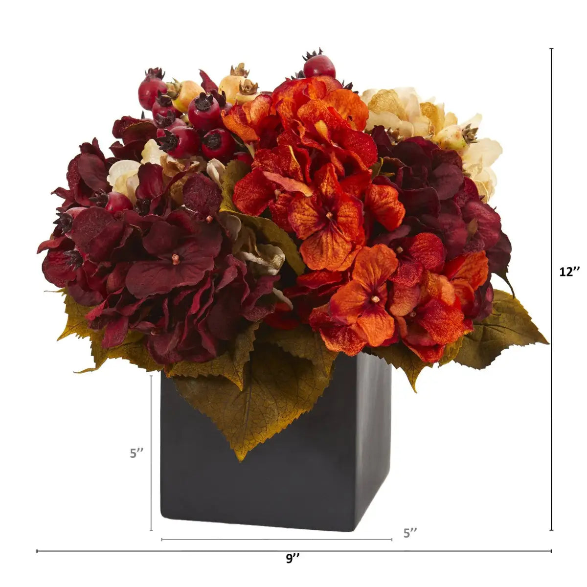 12” Autumn Hydrangea Berry Artificial Arrangement in Black Vase - Nearly Natural