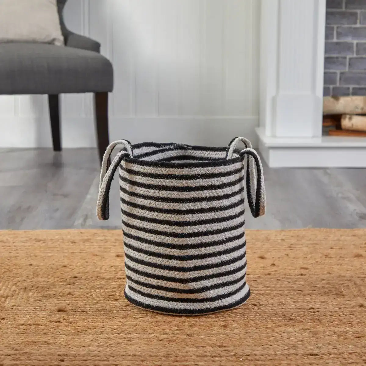 13” Boho Chic Basket Natural Cotton Handwoven Black and White Stripe with Handles - Nearly Natural
