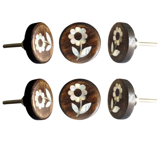 Daisy Mother of Pearl Wooden Knobs (Set of 6)