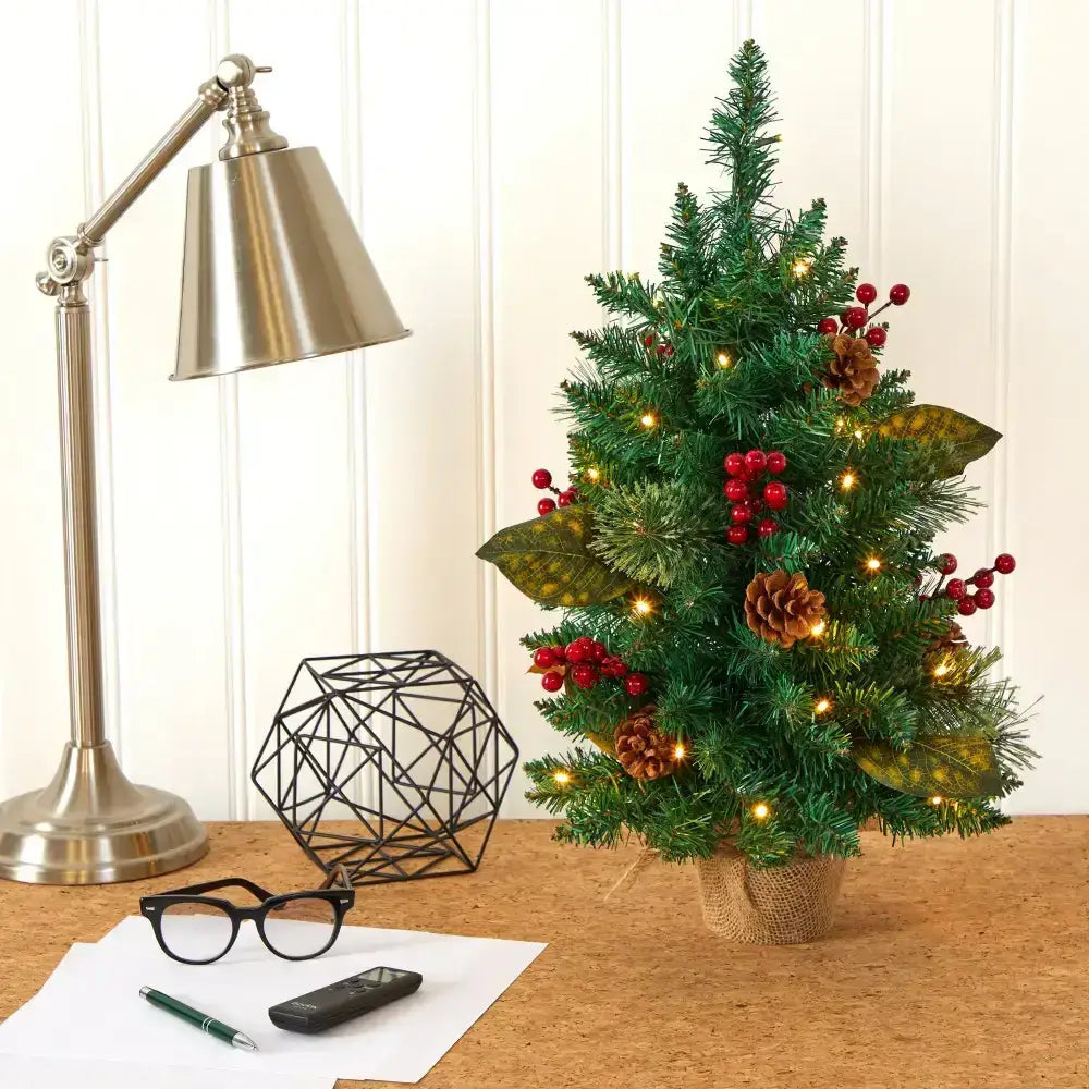 2’ Pine Pinecone and Berries Artificial Christmas Tree with 35 LED Lights and 86 Bendable Branches - Green - Nearly