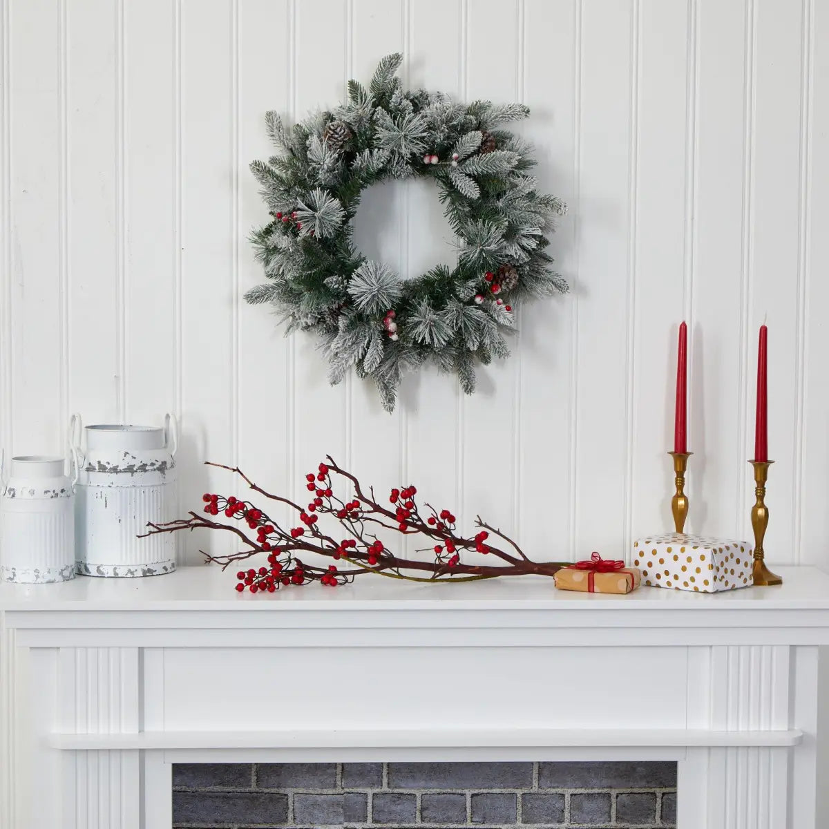 20” Flocked Mixed Pine Artificial Christmas Wreath with 50 LED Lights Pine Cones and Berries - Nearly Natural