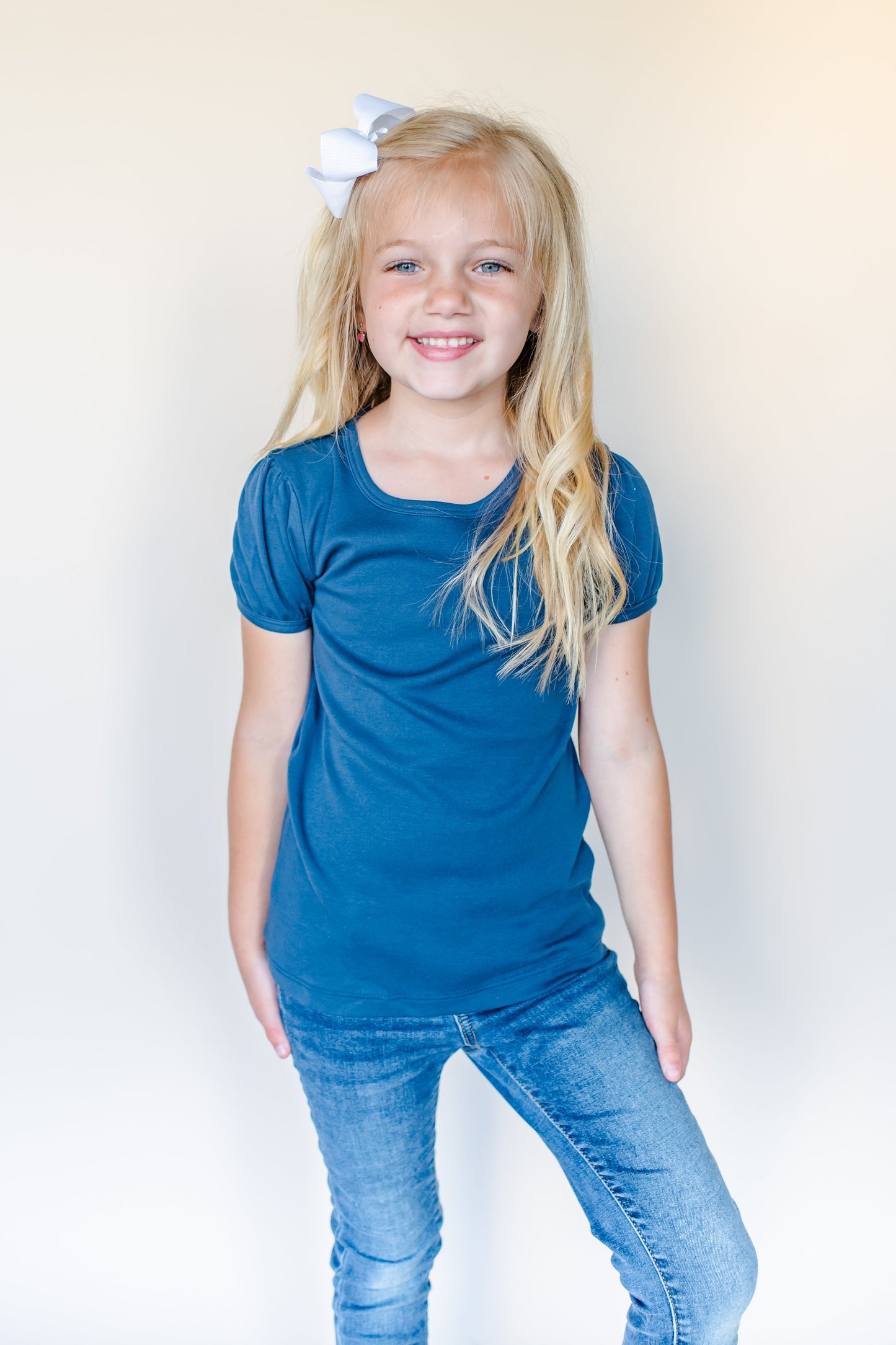 Girl’s Short Sleeve Puff Shirts - Navy / 12M - ARB Blanks