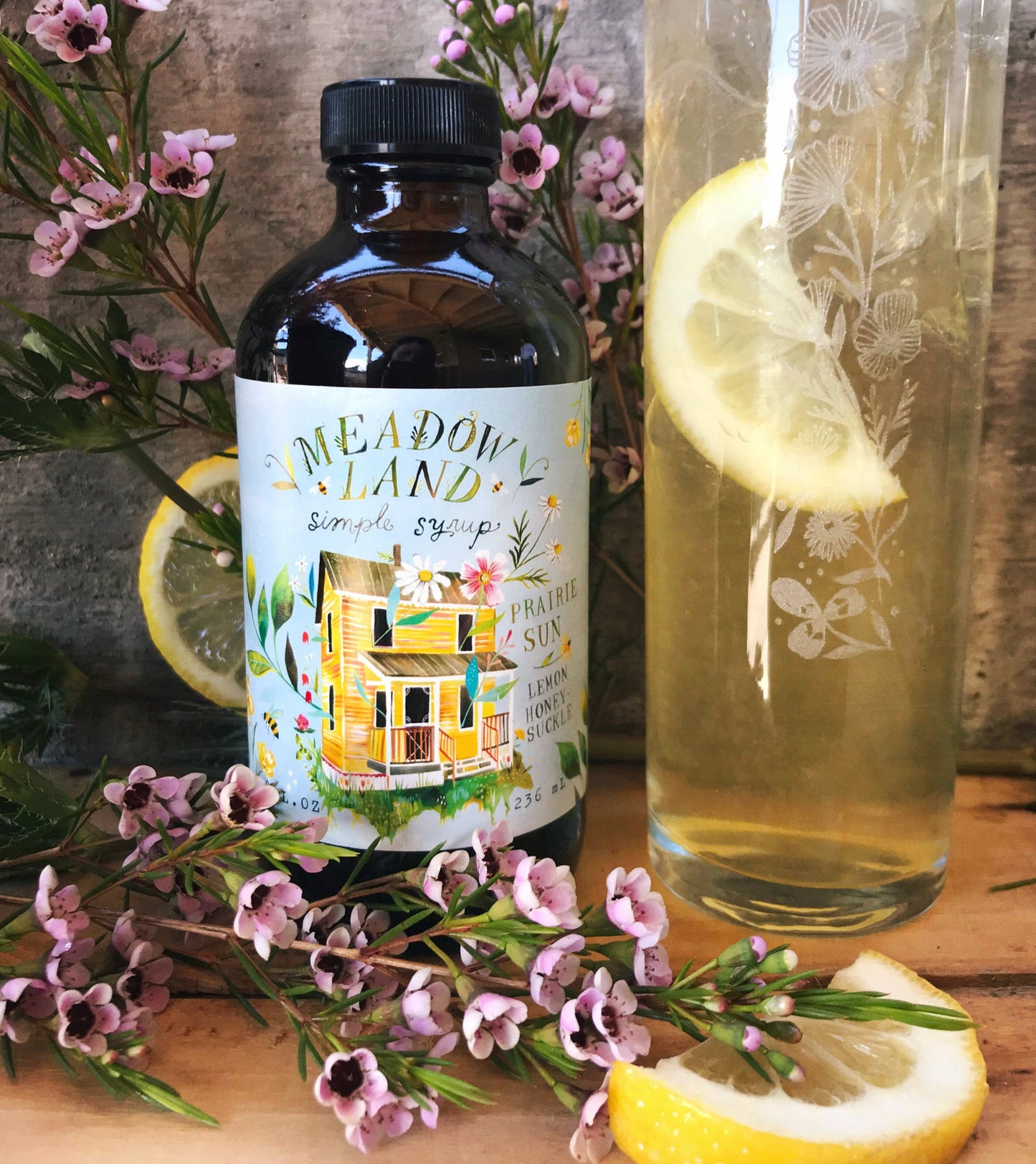 Prairie Sun Simple Syrup - Lemon and Honeysuckle - Cocktails and Desserts - Meadowland Syrup