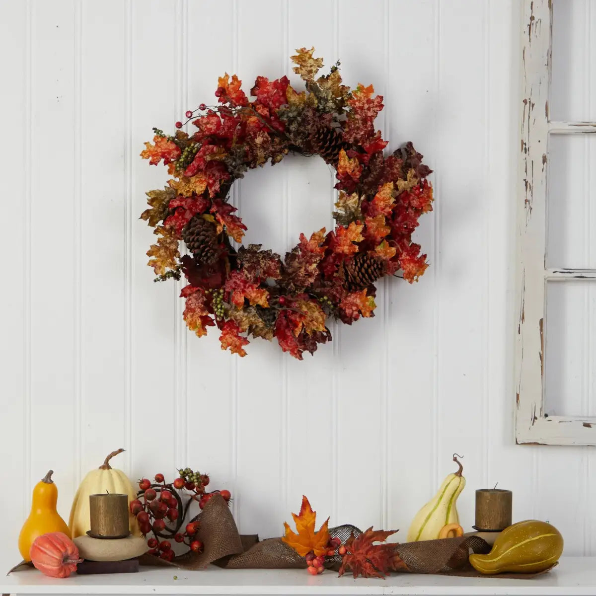 24” Autumn Maple Berries and Pinecone Fall Artificial Wreath - Nearly Natural