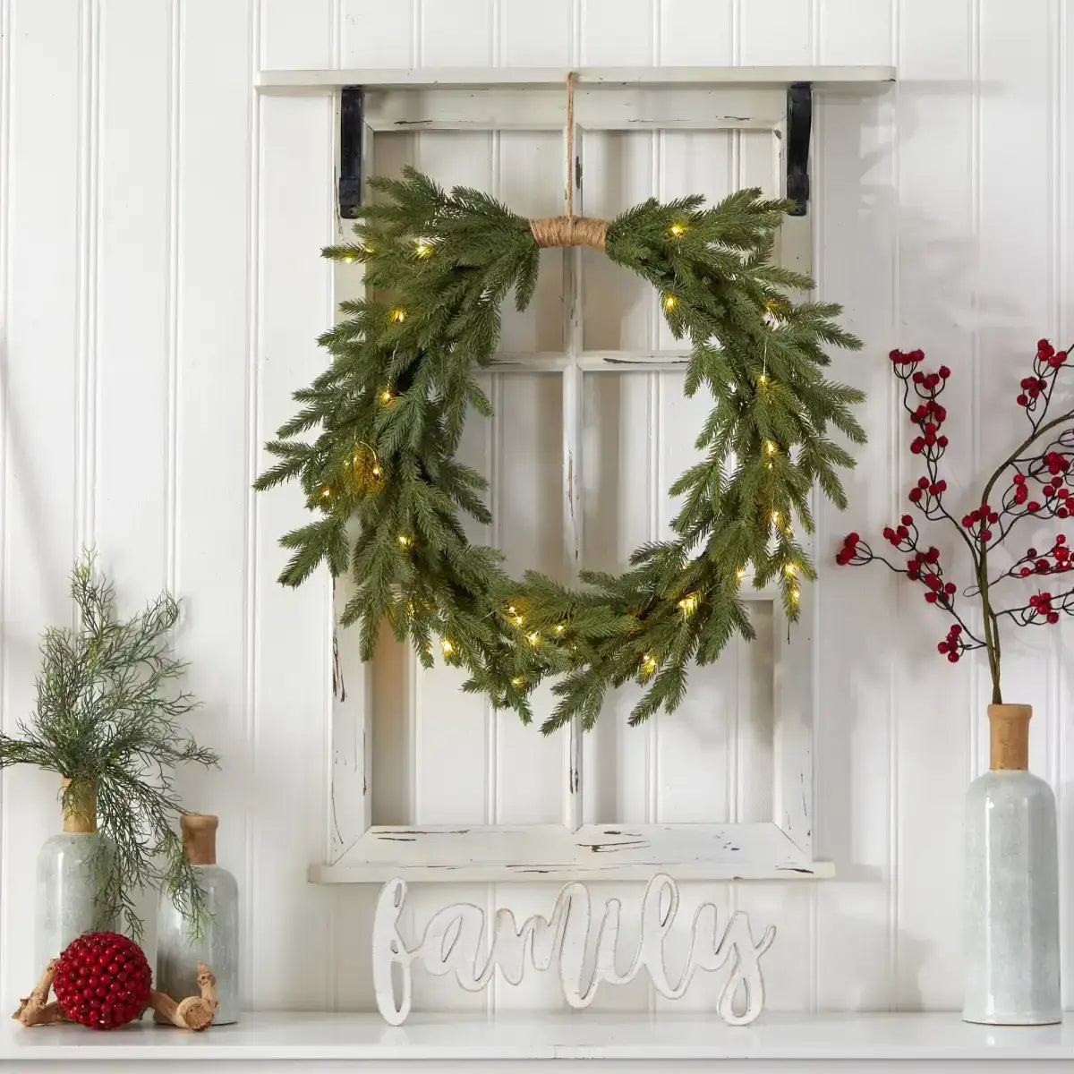 24’’ Holiday Christmas Pre-Lit Cascading Pine Wreath - Nearly Natural