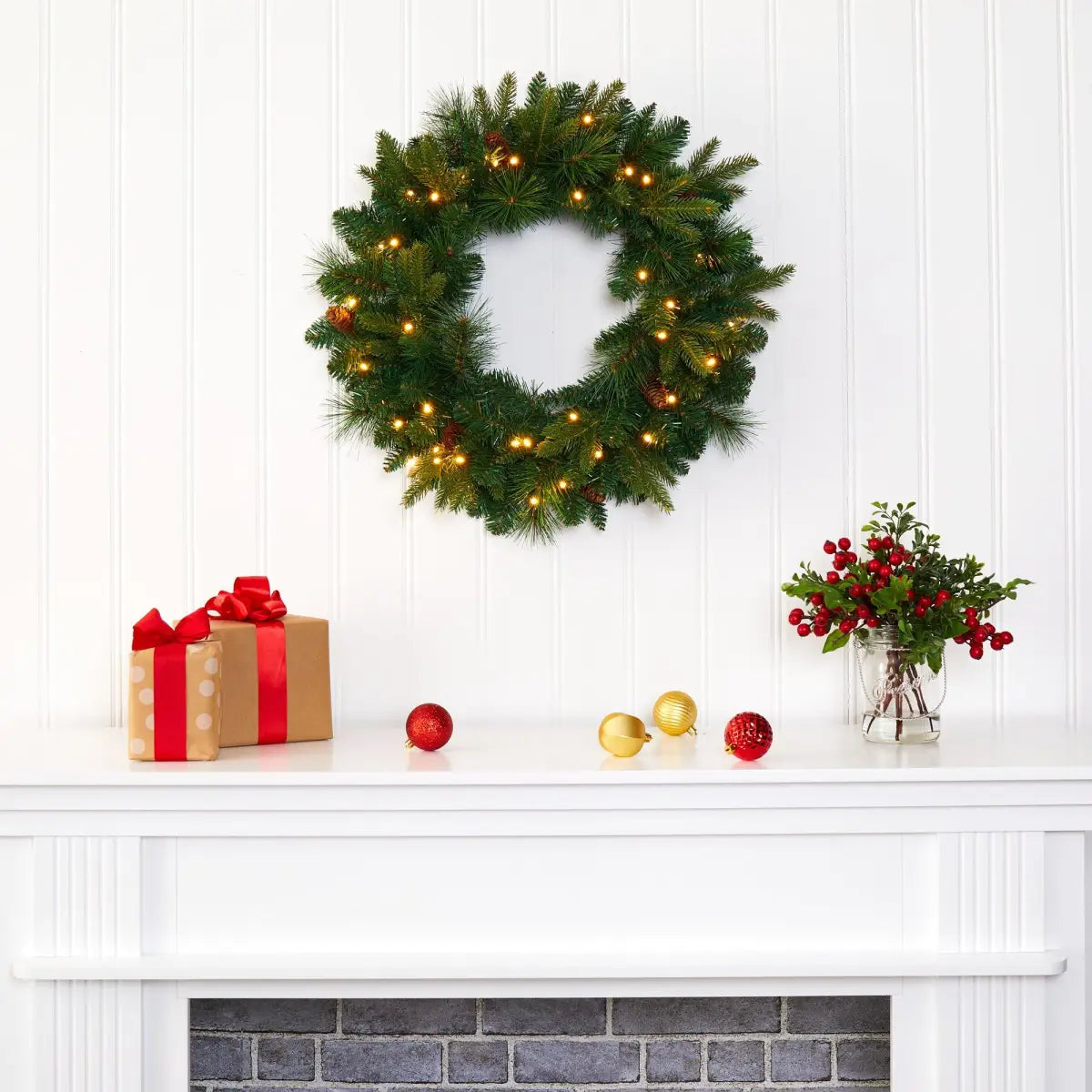 24” Mixed Pine Artificial Christmas Wreath with 35 Clear LED Lights and Pinecones - Nearly Natural