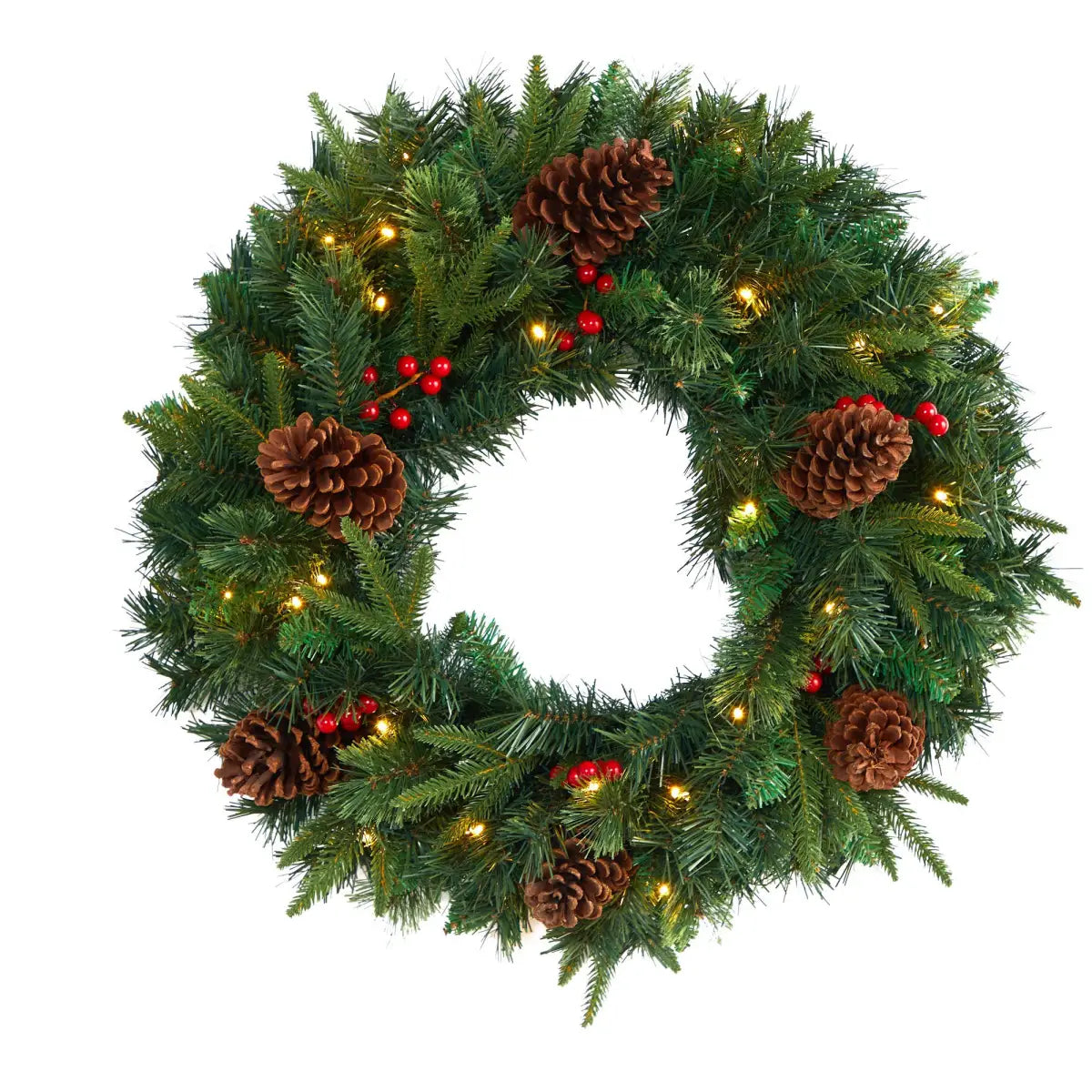 24” Mixed Pine Artificial Christmas Wreath with 35 Clear LED Lights and Berries - Nearly Natural