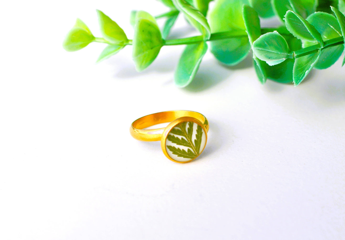 Fern Gold Ring adjustable Pressed Fern - White
