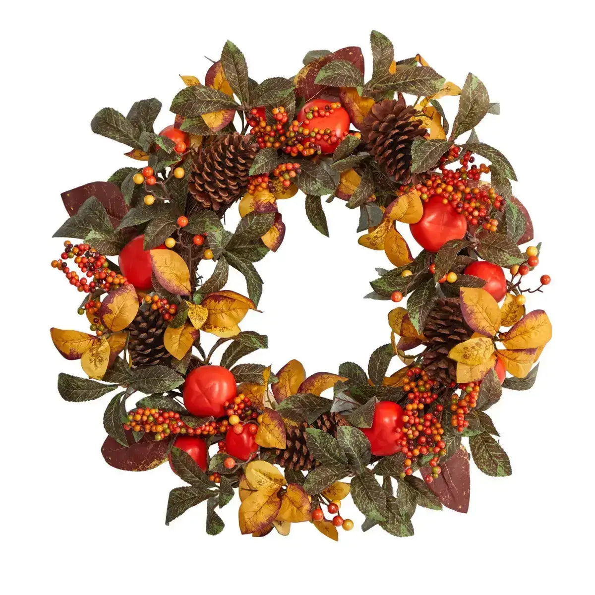 26” Autumn Persimmon and Pinecones Artificial Fall Wreath - Nearly Natural