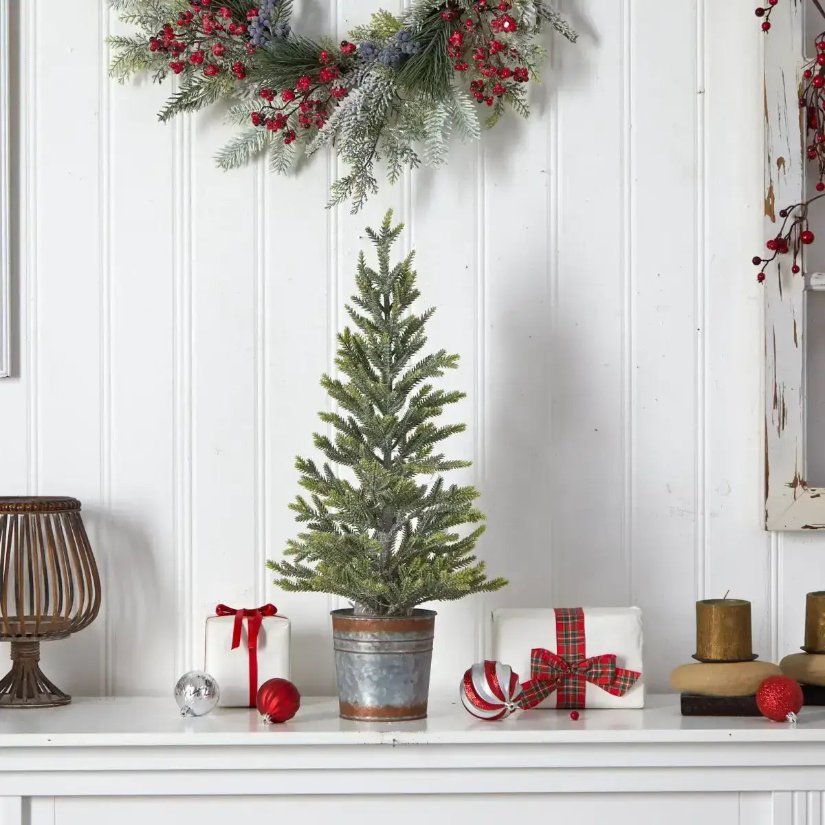26” Pine “Natural Look” Artificial Christmas Tree with 35 Warm White Lights in Rustic Metal Planter - Green - Nearly
