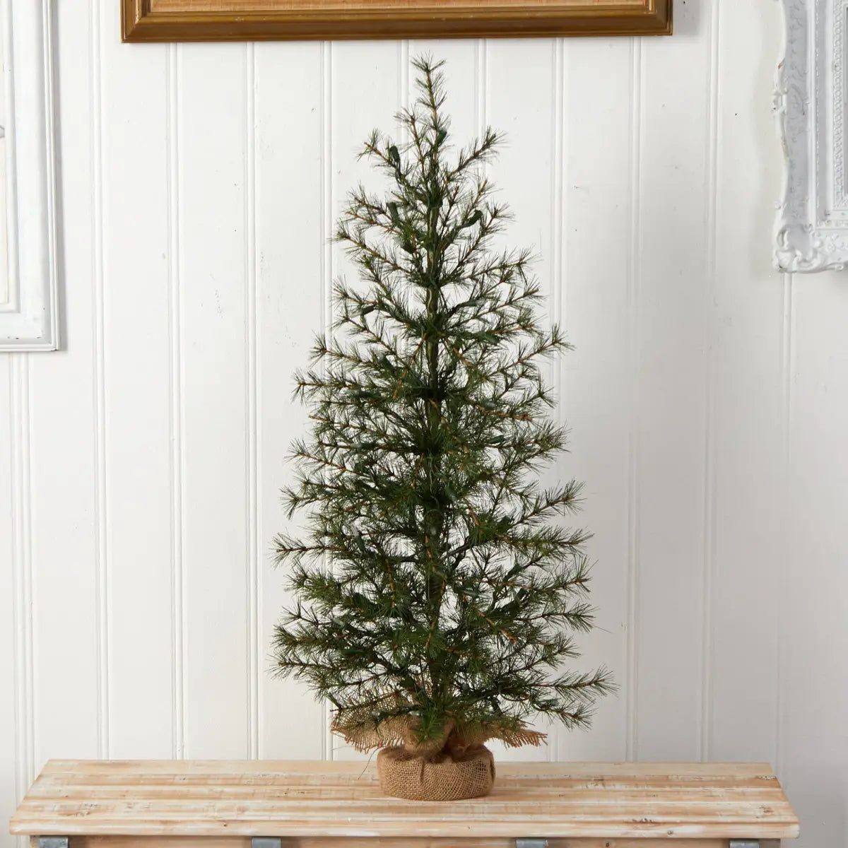 3’ Artificial Christmas Tree with 50 Clear LED Lights Set in a Burlap Base - Green - Nearly Natural