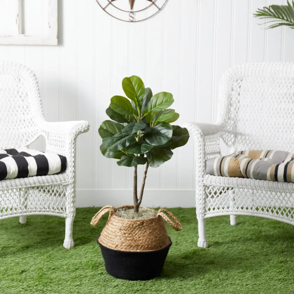 3’ Artificial Fiddle Leaf Fig Tree with Handmade Cotton & Jute Woven Basket DIY Kit - Nearly Natural