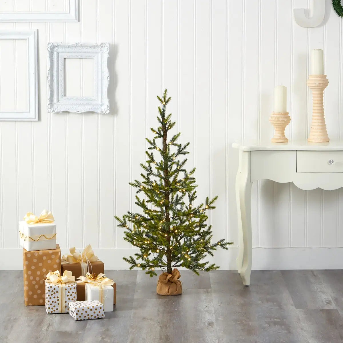 4’ Fraser Fir “Natural Look” Artificial Christmas Tree with 100 Clear LED Lights a Burlap Base and 403 Bendable