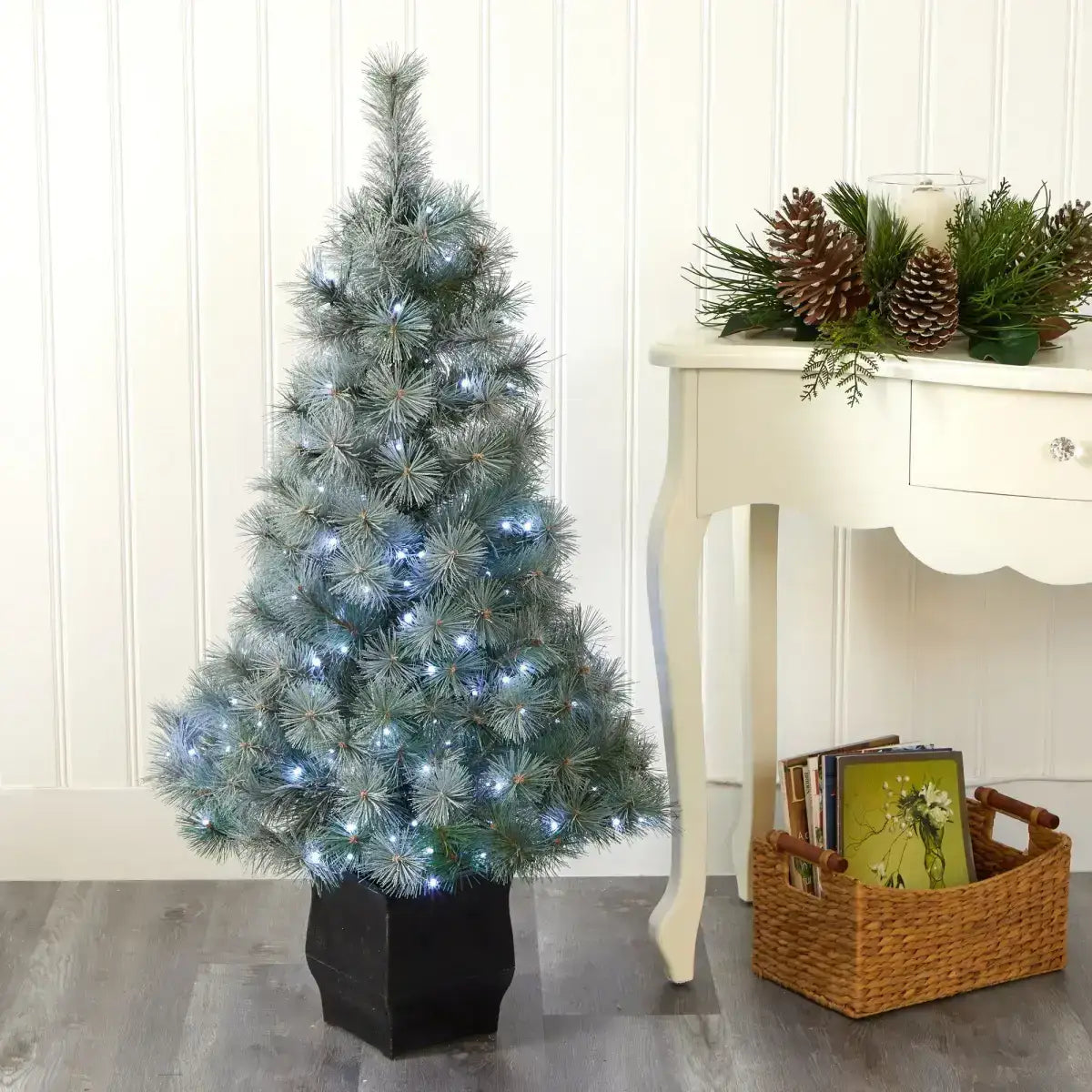 4’ Snowy Mountain Pine Artificial Christmas Tree with 150 LED Lights and Decorative Planter - Nearly Natural