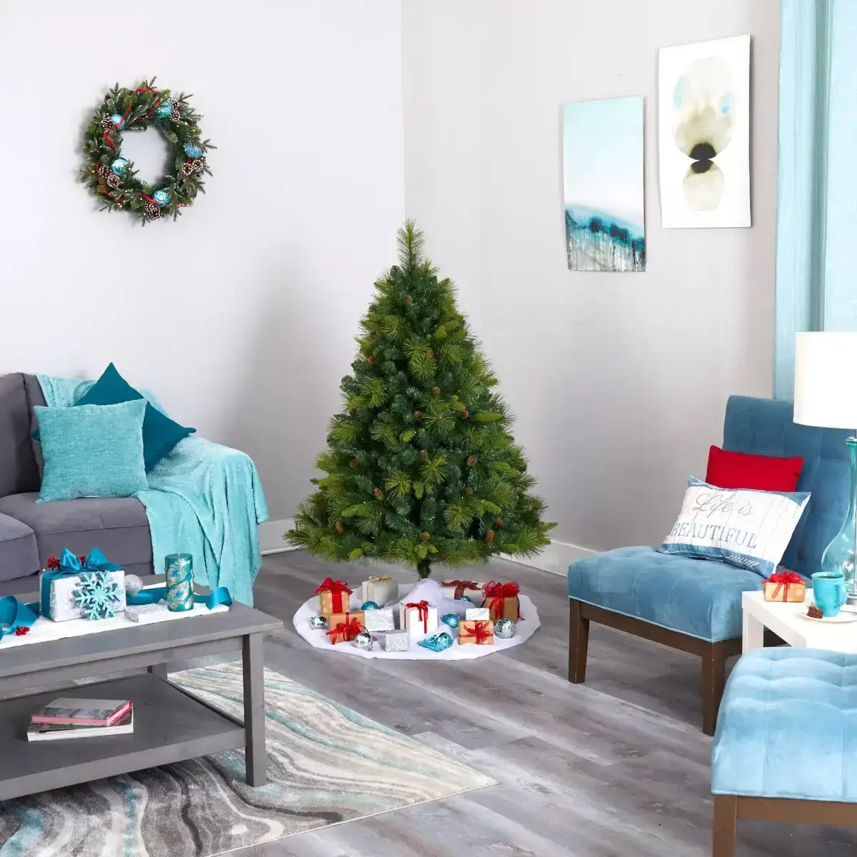 5’ North Carolina Mixed Pine Artificial Christmas Tree with 200 Warm White LED Lights 711 Bendable Branches