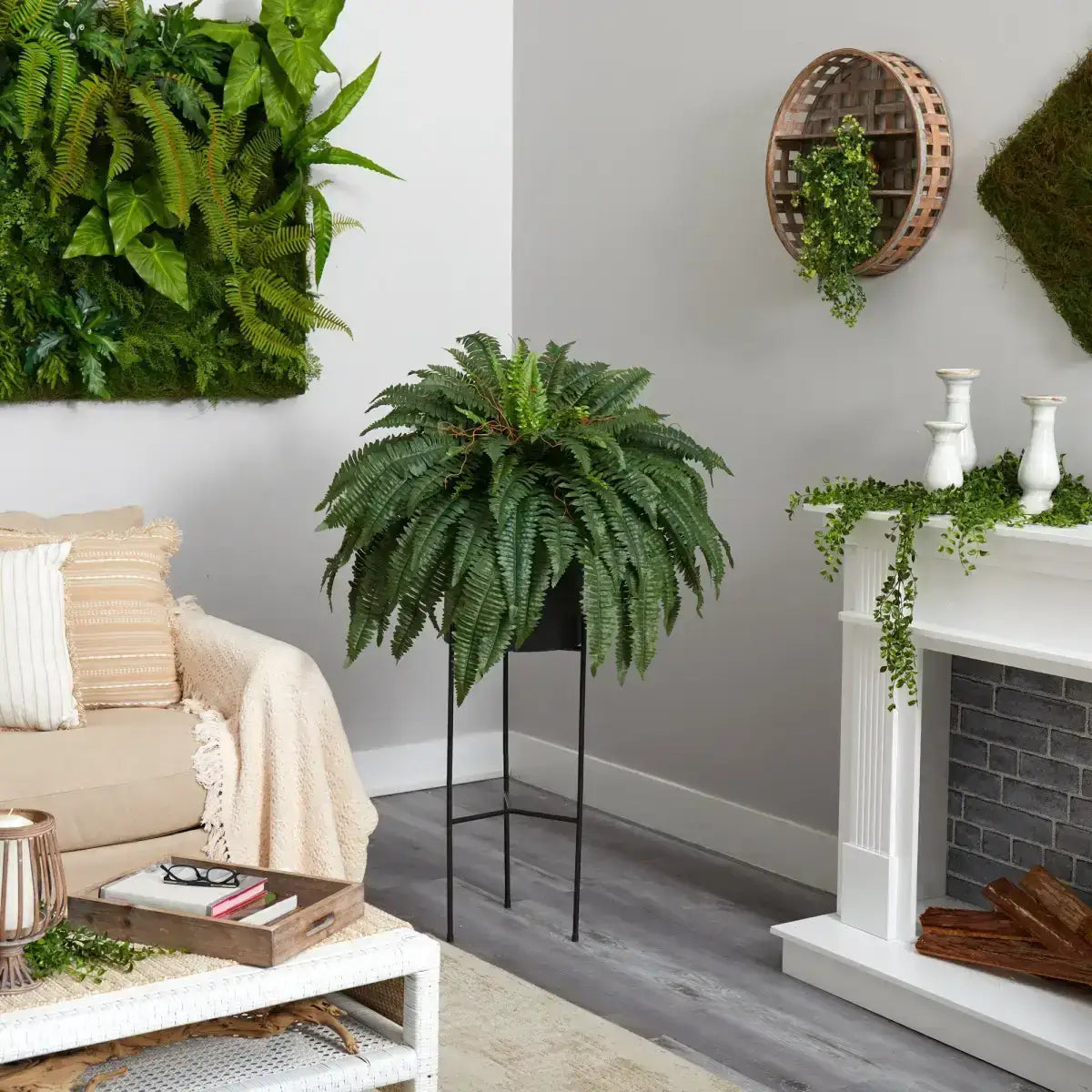 51” Boston Fern Artificial Plant in Black Planter with Stand - Nearly Natural
