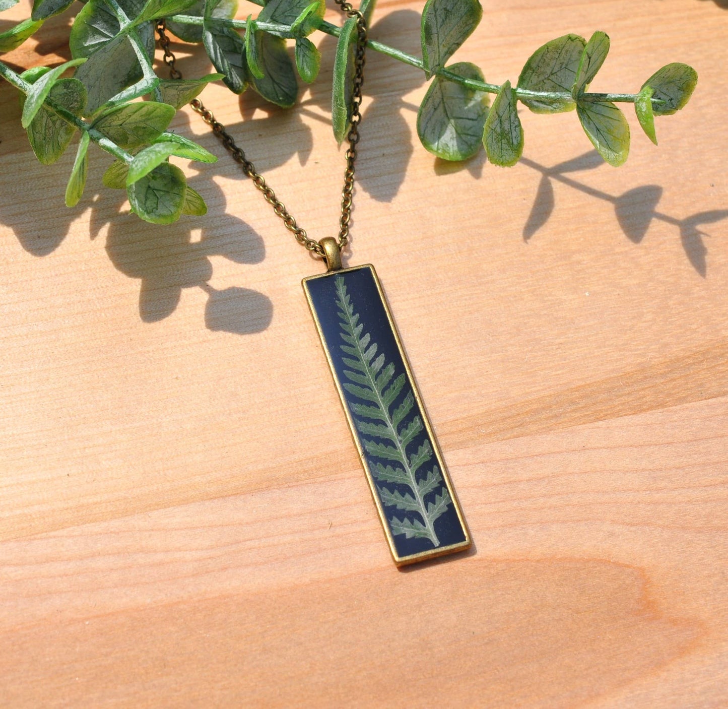 Fern Bar Necklace Pressed Fern - Black Background