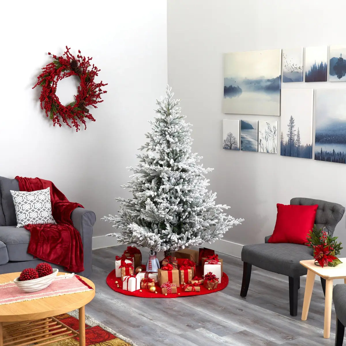 6’ Flocked Fraser Fir Artificial Christmas Tree with 500 Warm White Lights and 236 Bendable Branches - Nearly Natural