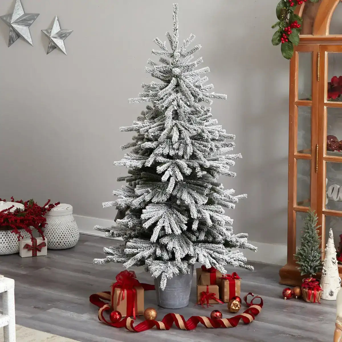 6’ Flocked Long Vermont Pine Tree with 758 Branches and 250 LED Lights in Decorative Planter - Nearly Natural