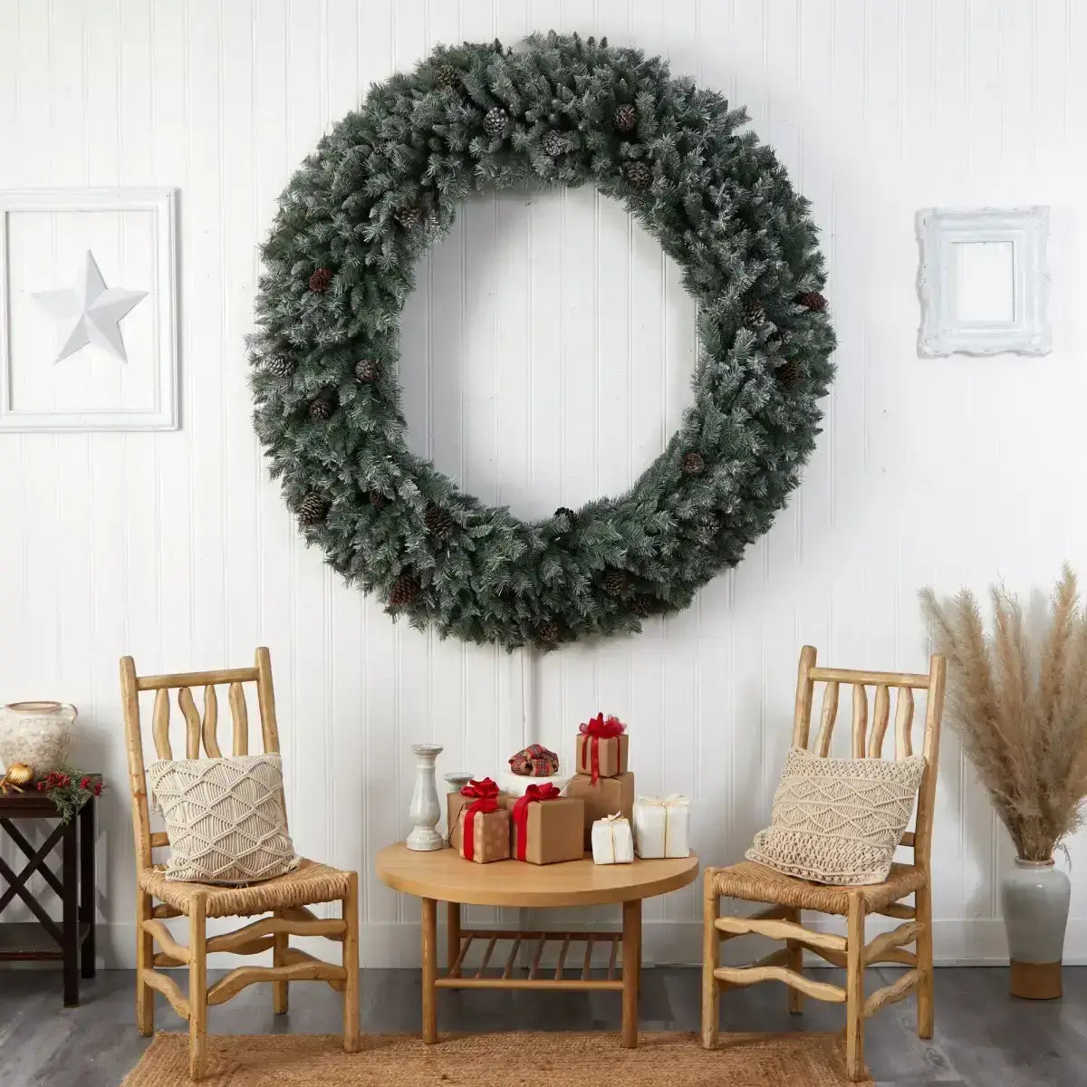 6’ Giant Flocked Christmas Wreath with Pinecones 600 Clear LED Lights and 1000 Bendable Branches - Nearly Natural