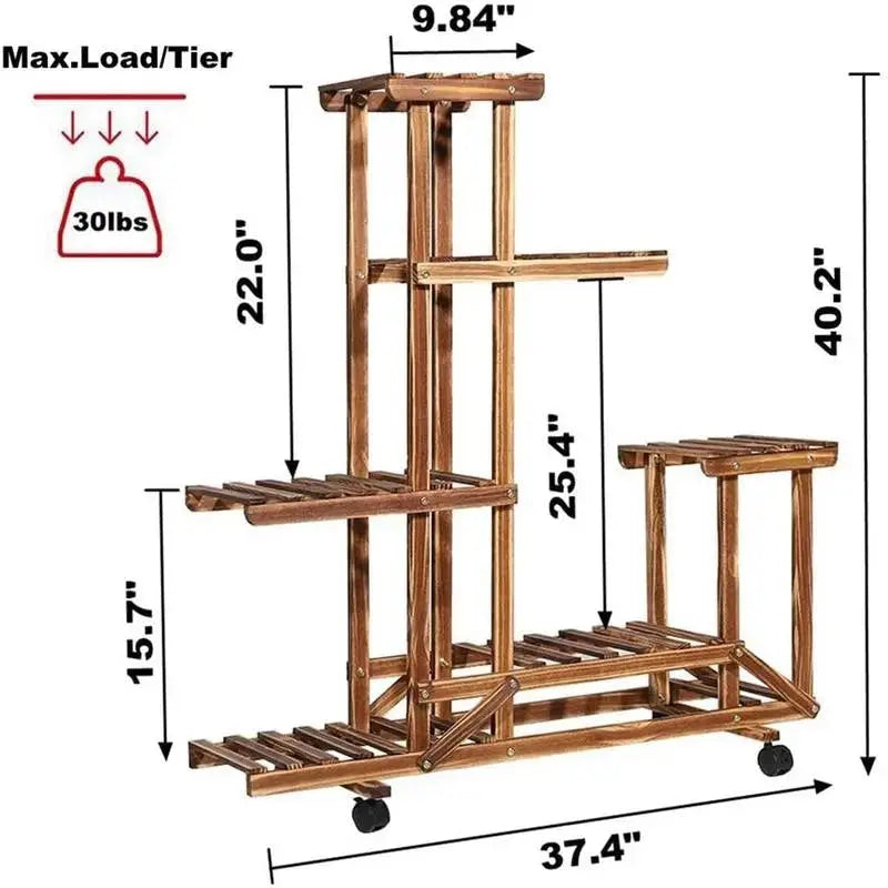 6-Shelf Portable Wooden Flower Pot Plant Stand with Locking Wheels - HomePacific