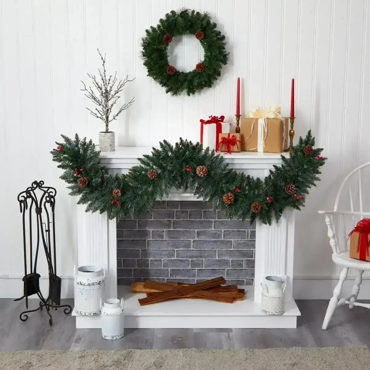6’ Snow Dusted Artificial Christmas Garland with 50 Multicolored LED Lights Berries and Pinecones - Nearly Natural