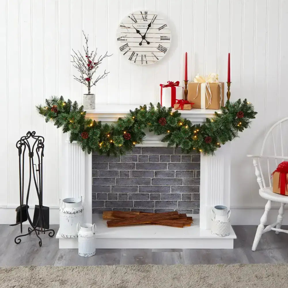 6’ White Mountain Pine Artificial Garland with 35 White Warm LED Lights and Pinecones - Nearly Natural
