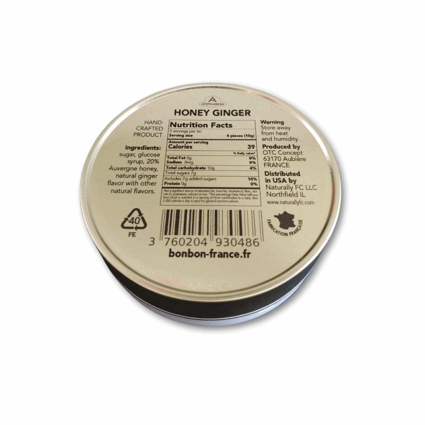 Honey Ginger - French Gourmet Natural Candy Tin - Apipharma - Bonbon USA France