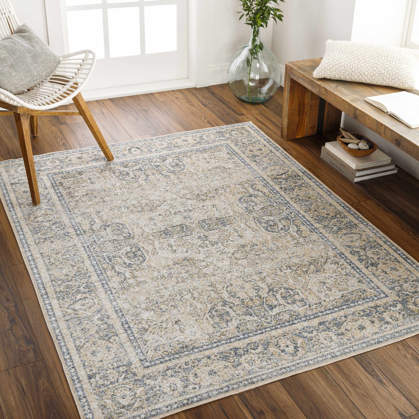 Arias Cream & Blue Washable Area Rug - Boutique Rugs
