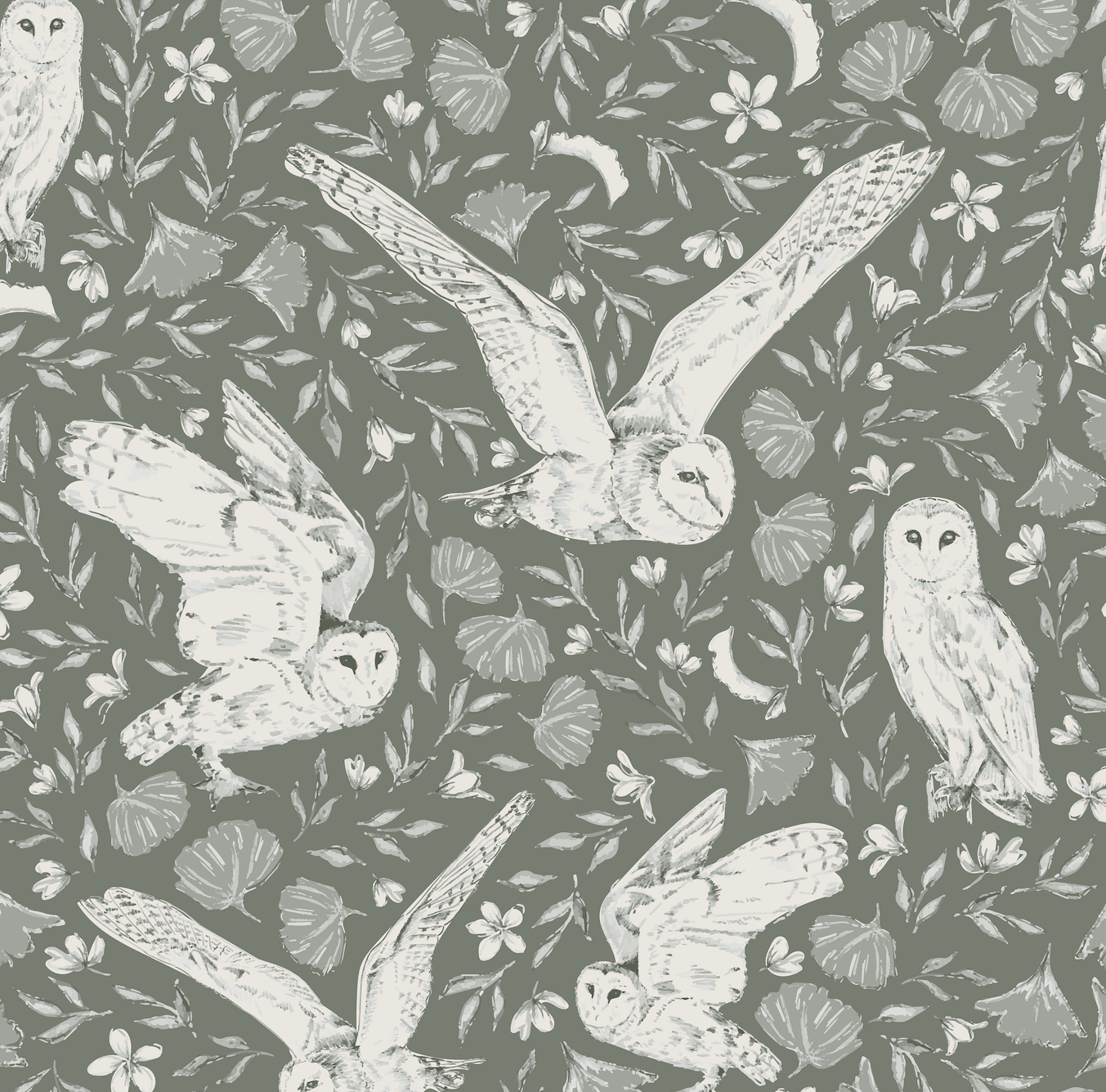 Artemis Owls Wallpaper by Melissa Johnson Design - Sample 1 foot by 1 foot / Green - Loomwell Home Goods