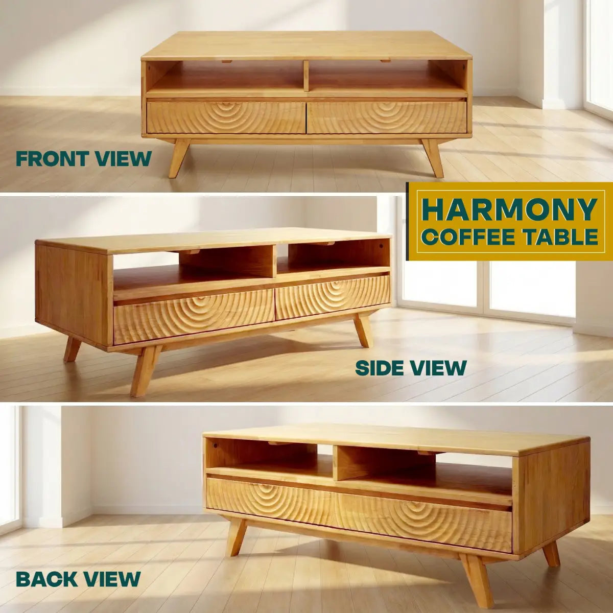 Coffee Table with Drawers & Open Storage - Acacia Wood - Megsu