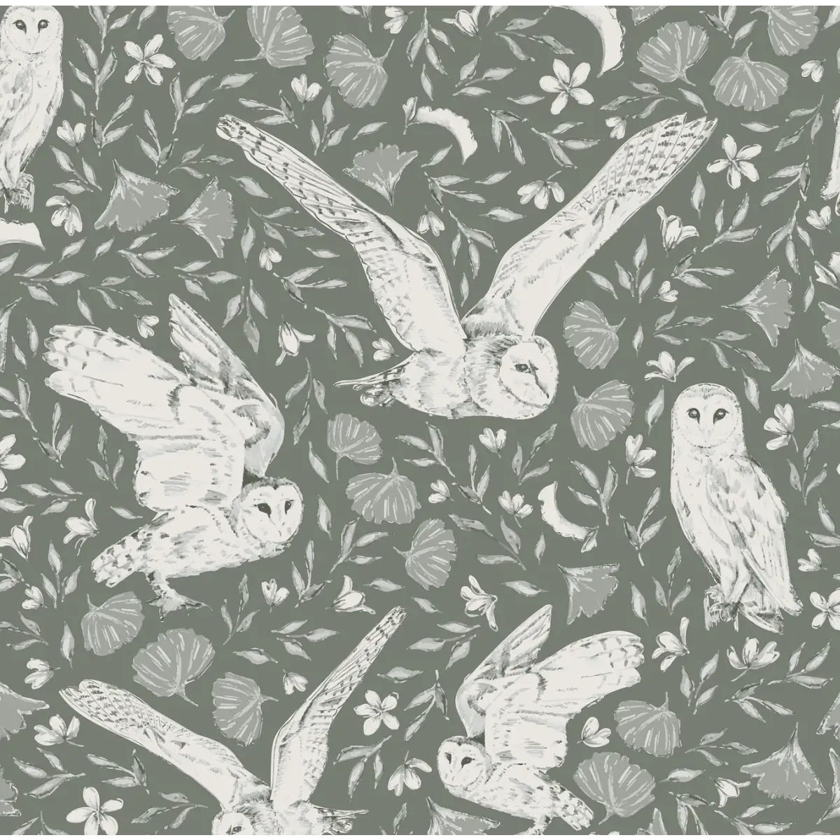 Artemis Owls Wallpaper - Owls in Flight - by Melissa Johnson Design - Sample 1 foot by 1 foot / Green - Loomwell Home