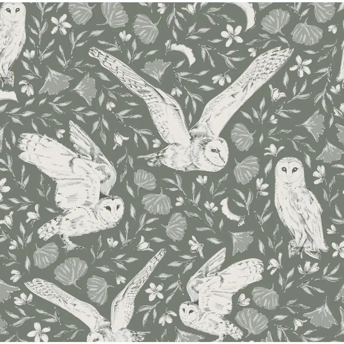 Artemis Owls Wallpaper - Owls in Flight - by Melissa Johnson Design - Sample 1 foot by 1 foot / Green - Loomwell Home