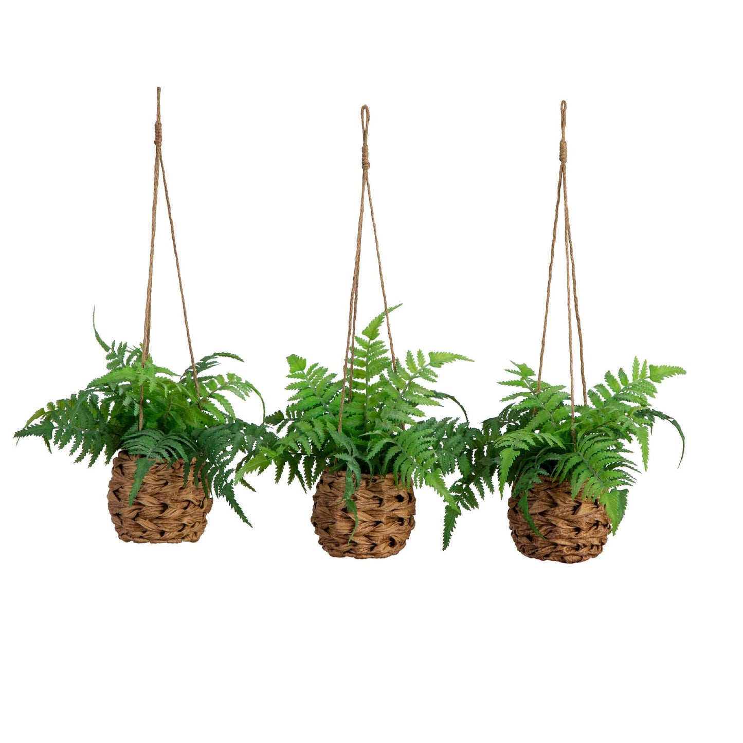 10” UV Resistant Artificial Boston Fern in Hanging Wicker Basket (Indoor/Outdoor) - Set of 3 - Nearly Natural