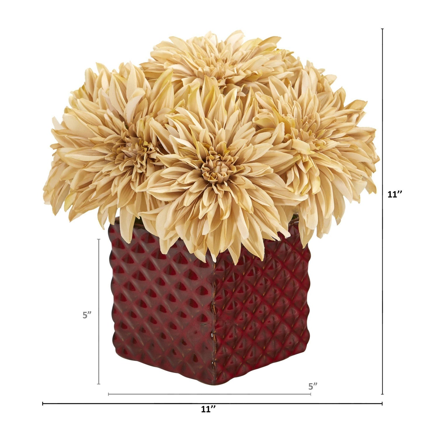 11” Dahlia Artificial Arrangement in Red Ceramic Cube - Cream - Nearly Natural