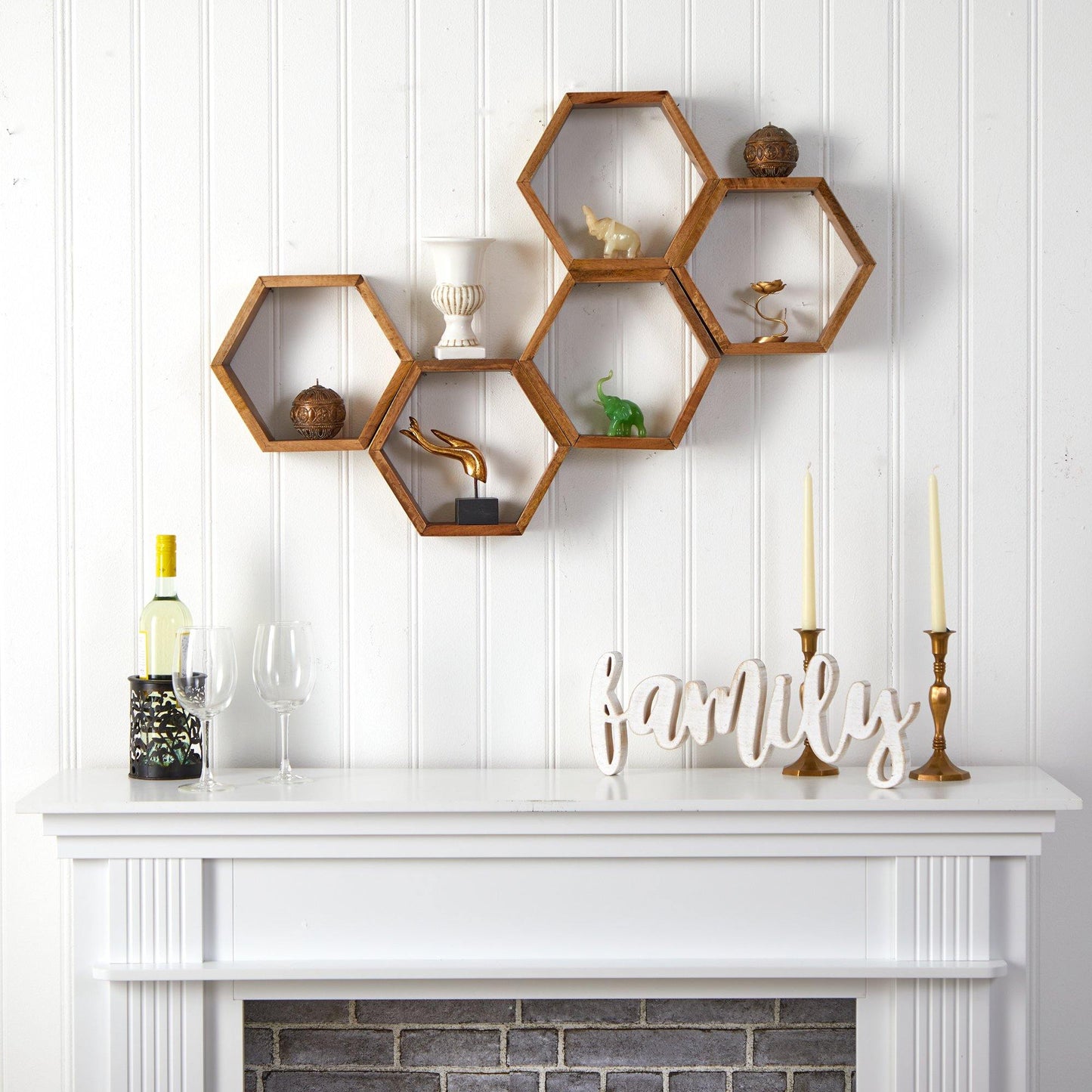 12” Wooden Hexagon Floating Honeycomb Shelve (Set of 5) - Nearly Natural