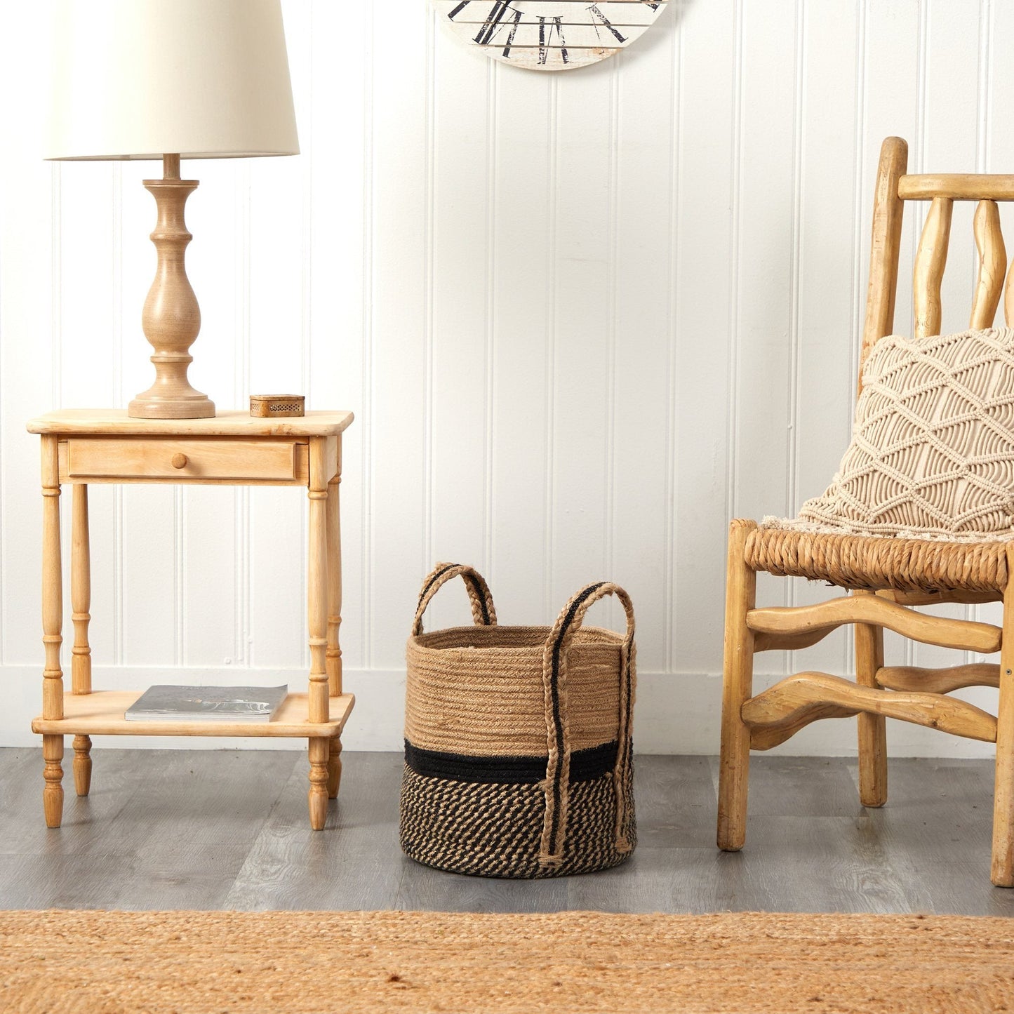 13’’ Boho Chic Basket Natural Jute Basket Planter Black Bottom Natural Top with Handles’