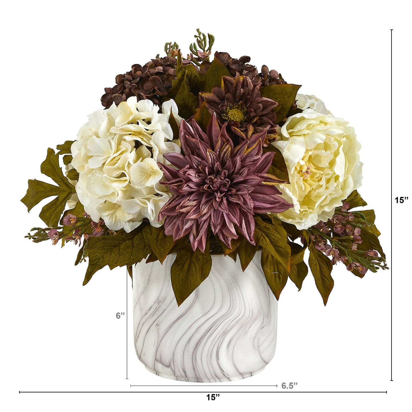 15” Peony Hydrangea and Dahlia Artificial Arrangement in Marble Finished Vase - Nearly Natural