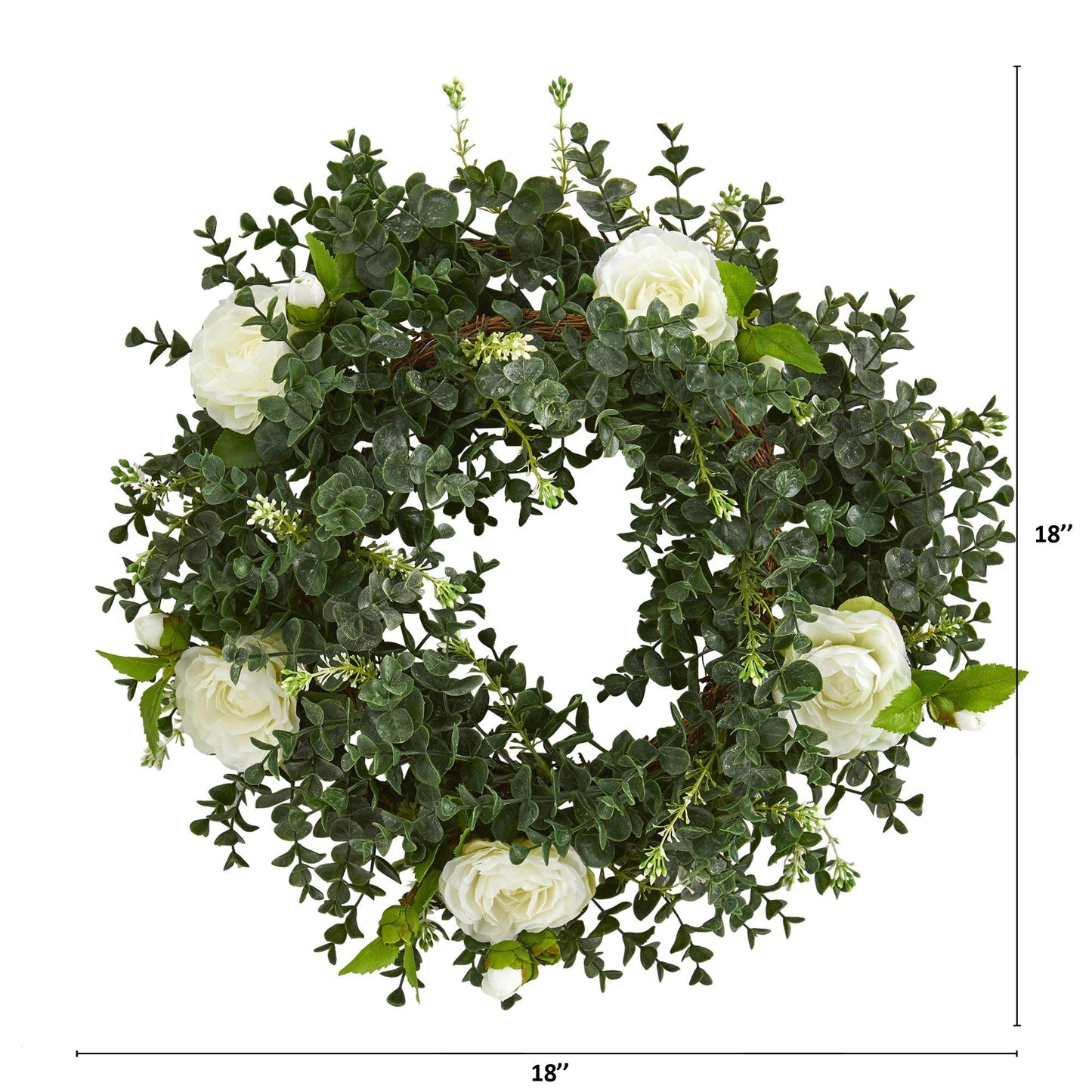 18” Eucalyptus and Camellia Double Ring Artificial Wreath with Twig Base - Nearly Natural