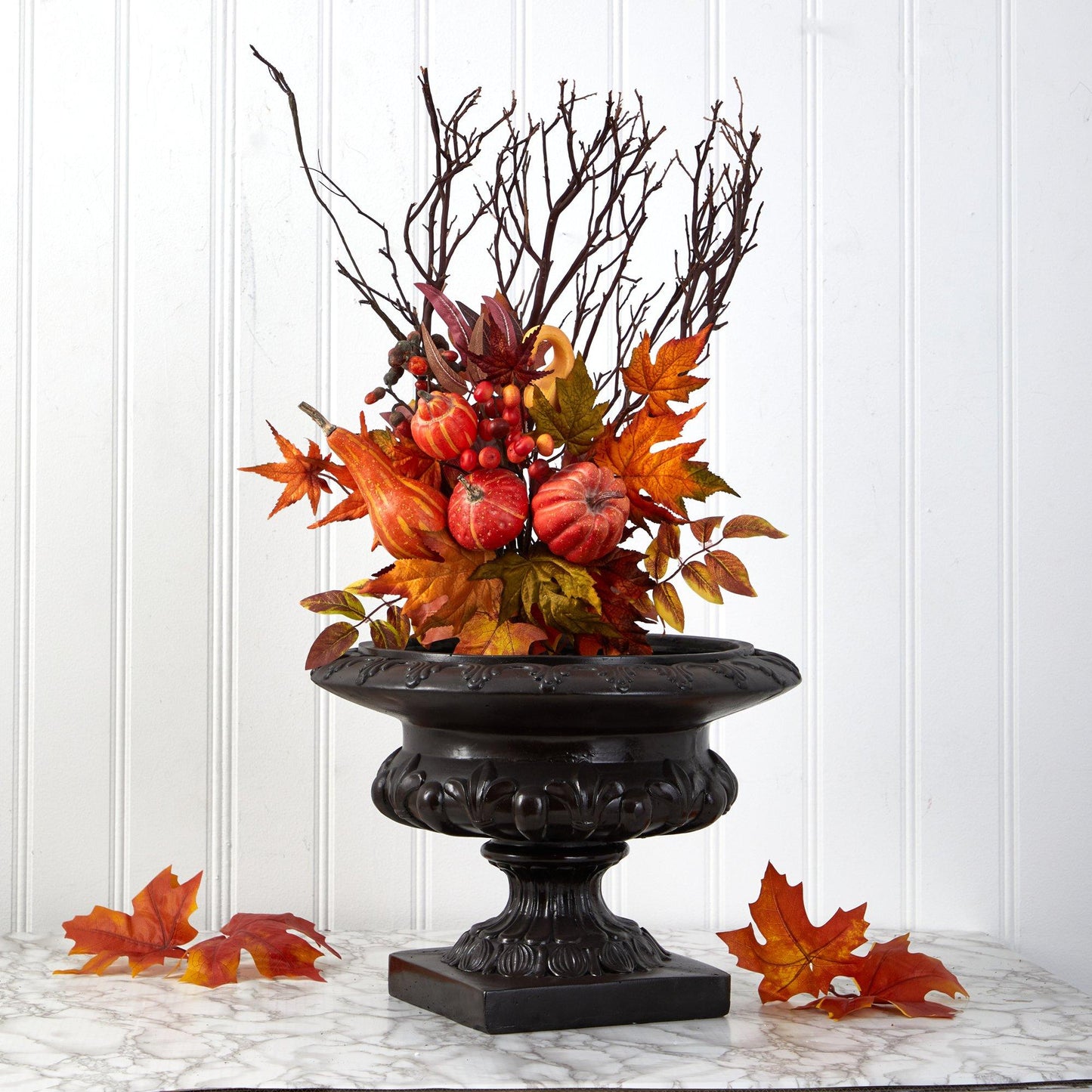 20” Pumpkin and Maple Leaf Artificial Flower Bouquet (Set of 2) - Nearly Natural