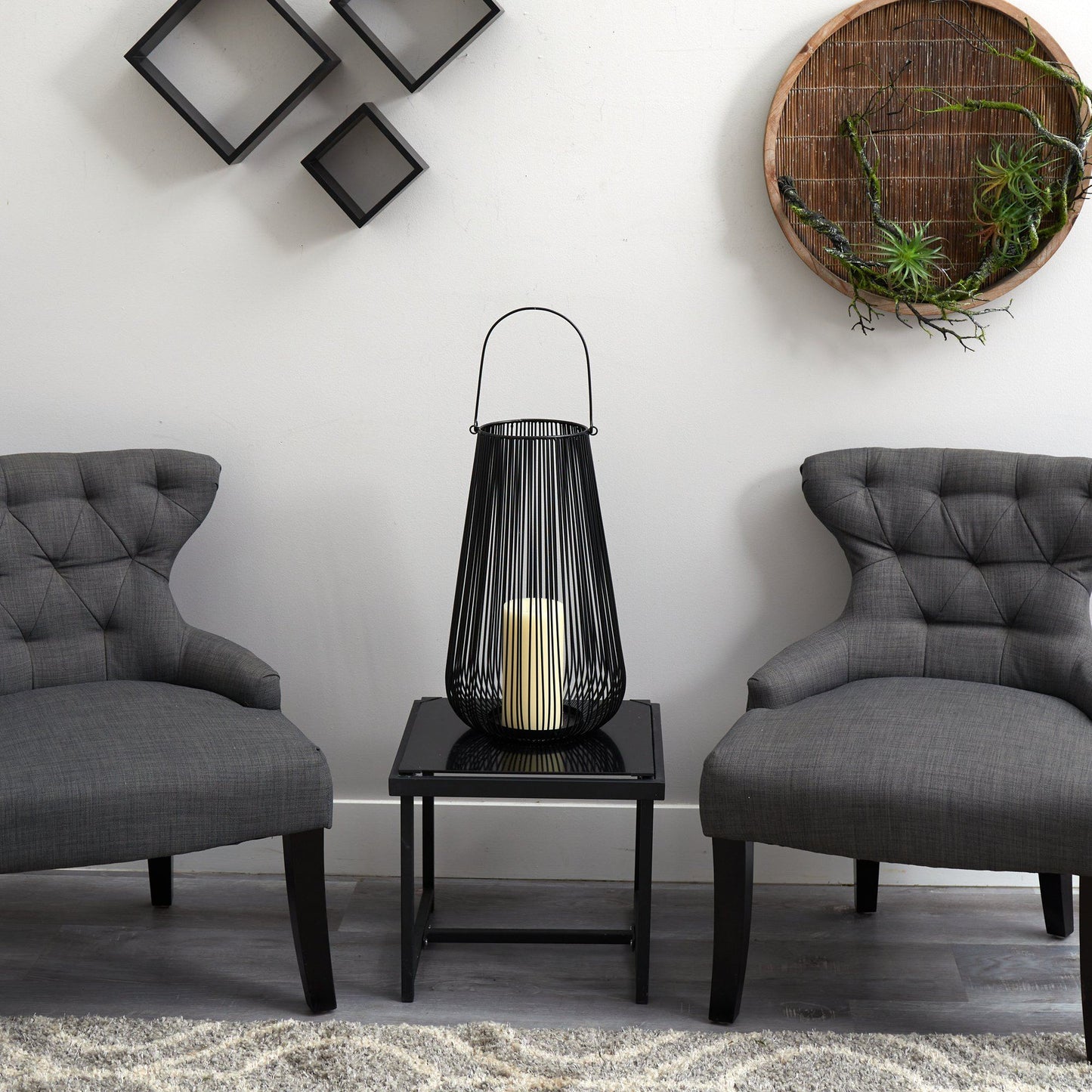 20” Vintage Black Metal Wire Votive Tea Lantern Candle Holder - Nearly Natural