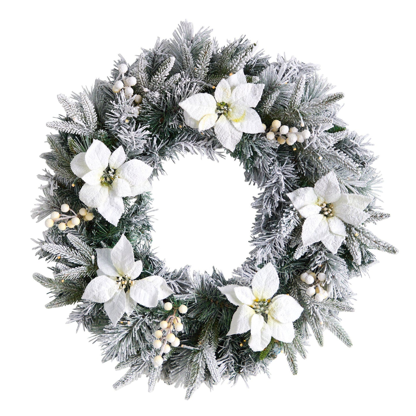24” Flocked Poinsettia and Pine Artificial Christmas Wreath with 50 Warm White LED Lights - Nearly Natural