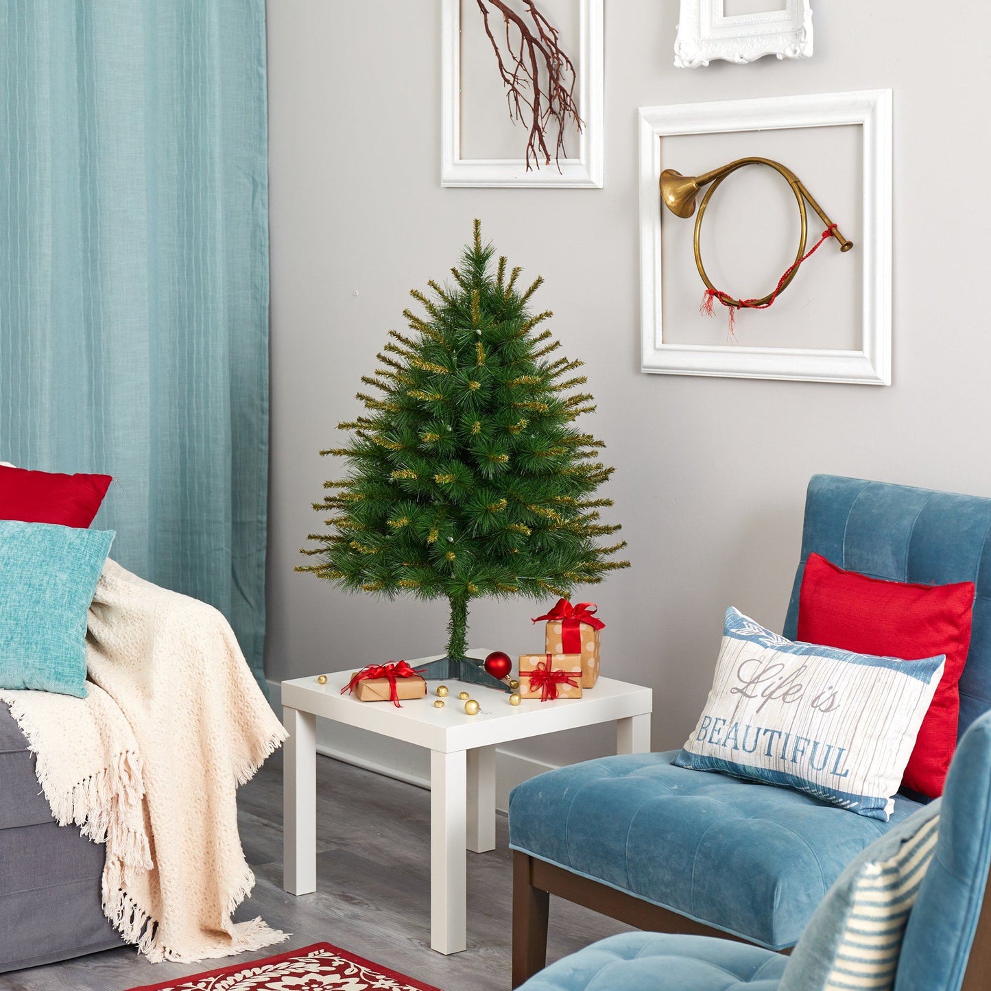 3’ New England Pine Artificial Christmas Tree with 50 Clear Lights and 117 Bendable Branches - Green - Nearly Natural