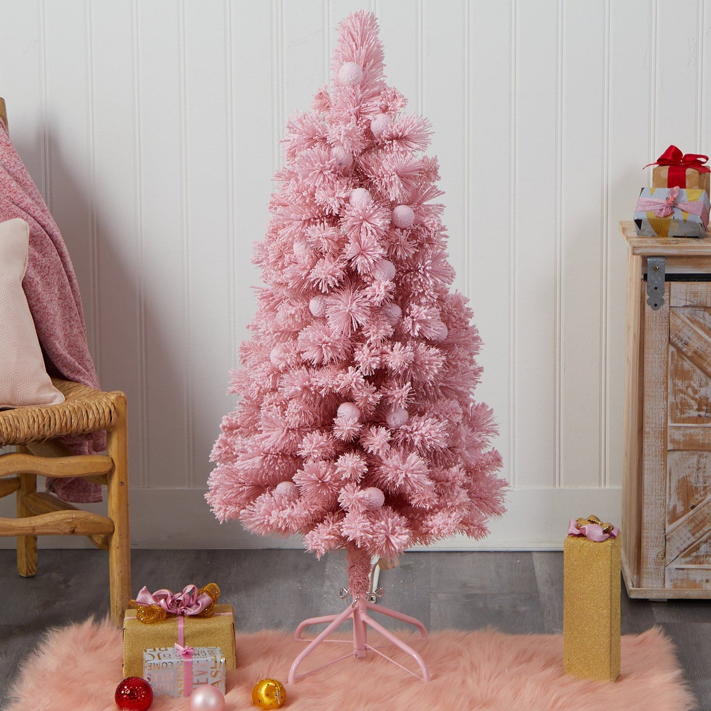 4’ Holiday Frosted Pink Cashmere Christmas Tree with 30 Jumbo Multicolored Globe LED Lights - Pink - Nearly Natural