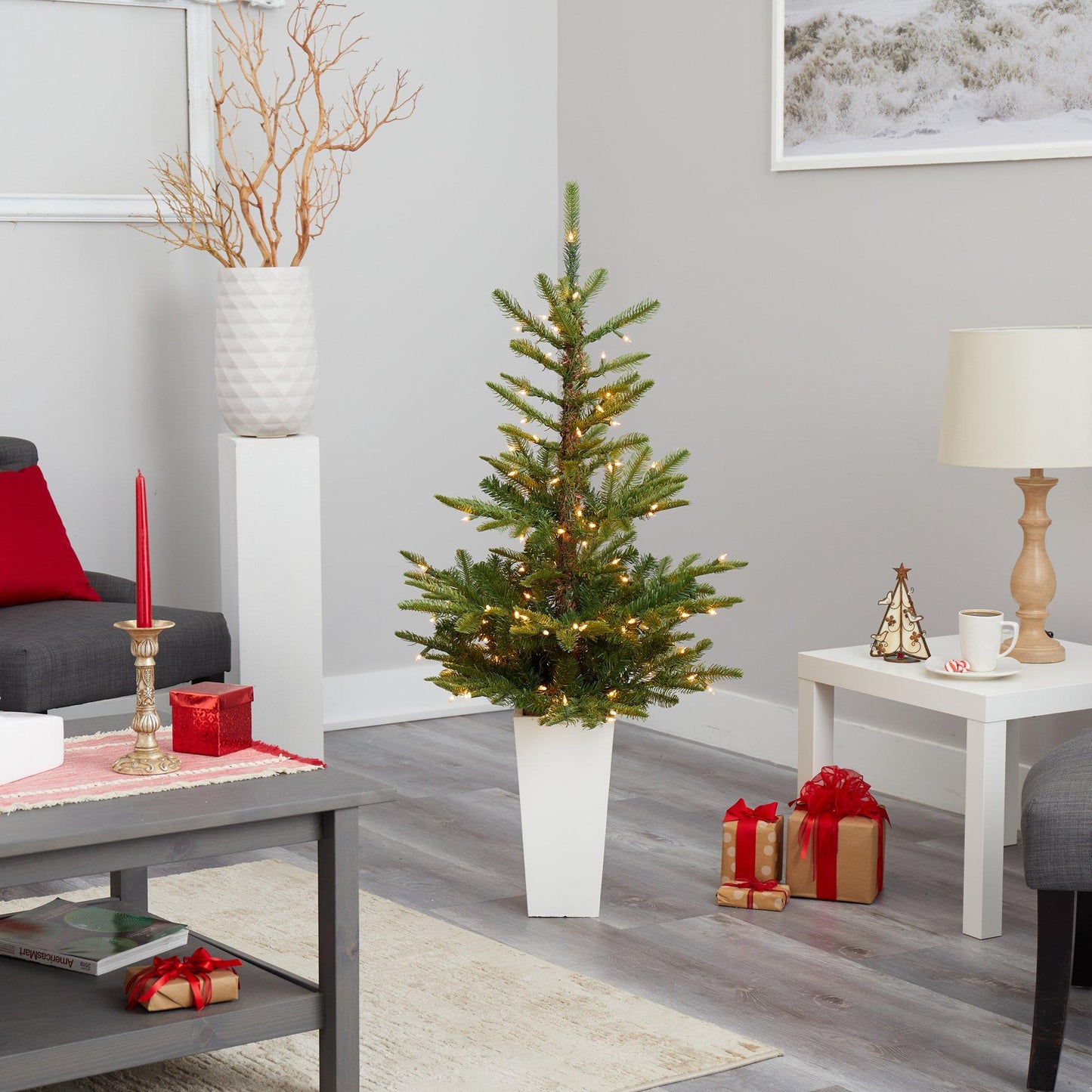 4.5’ Layered Washington Spruce Artificial Christmas Tree with 100 Clear LED Lights and 189 Bendable Branches in White