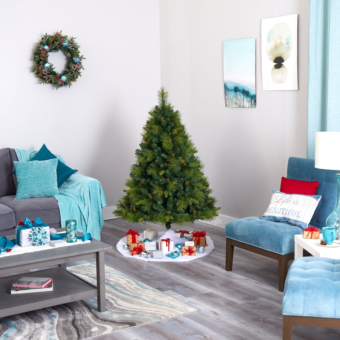 5’ North Carolina Mixed Pine Artificial Christmas Tree with 200 Warm White LED Lights 711 Bendable Branches